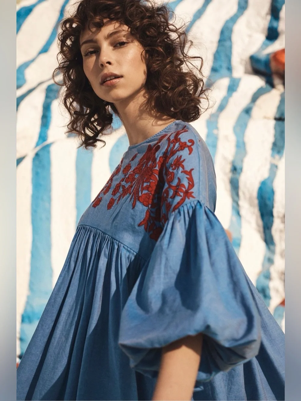HEMANT & NANDITA Blue Tunic with Red Embroidery Small